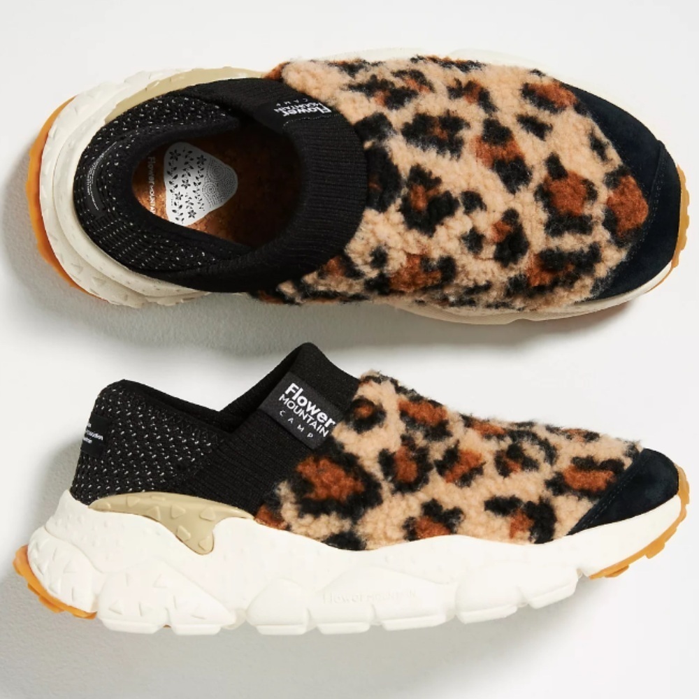 ANTHRO FLOWER MOUNTAIN Cheetah Print Sherpa Hiking Walking Atheleisure Sneakers